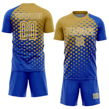 Laden Sie das Bild in den Galerie-Viewer, Custom Thunder Blue Old Gold-White Modern Polka Dot Sublimation Soccer Uniform Jersey
