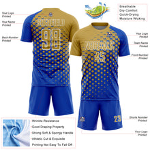 Laden Sie das Bild in den Galerie-Viewer, Custom Thunder Blue Old Gold-White Modern Polka Dot Sublimation Soccer Uniform Jersey
