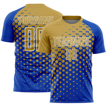 Laden Sie das Bild in den Galerie-Viewer, Custom Thunder Blue Old Gold-White Modern Polka Dot Sublimation Soccer Uniform Jersey
