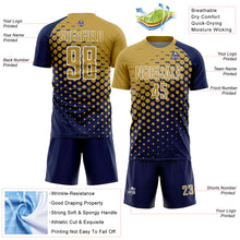 Laden Sie das Bild in den Galerie-Viewer, Custom Navy Old Gold-White Modern Polka Dot Sublimation Soccer Uniform Jersey

