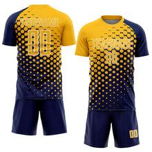 Laden Sie das Bild in den Galerie-Viewer, Custom Navy Gold-White Modern Polka Dot Sublimation Soccer Uniform Jersey
