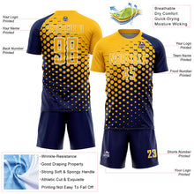Laden Sie das Bild in den Galerie-Viewer, Custom Navy Gold-White Modern Polka Dot Sublimation Soccer Uniform Jersey
