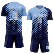 Laden Sie das Bild in den Galerie-Viewer, Custom Navy Light Blue-White Modern Polka Dot Sublimation Soccer Uniform Jersey
