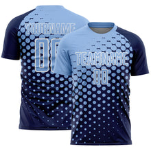 Laden Sie das Bild in den Galerie-Viewer, Custom Navy Light Blue-White Modern Polka Dot Sublimation Soccer Uniform Jersey

