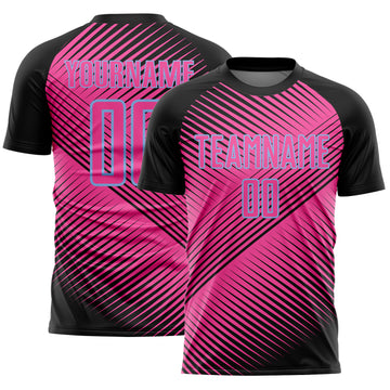 Custom Black Pink-Light Blue Line Sublimation Soccer Uniform Jersey