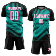 Load image into Gallery viewer, Custom Black White Aqua-Pink Line Sublimation Soccer Uniform Jersey
