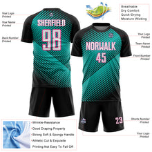 Load image into Gallery viewer, Custom Black White Aqua-Pink Line Sublimation Soccer Uniform Jersey
