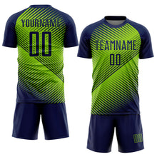 Load image into Gallery viewer, Custom Navy Neon Green Line Sublimation Soccer Uniform Jersey
