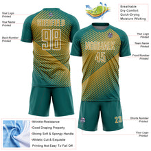 Load image into Gallery viewer, Custom Teal Old Gold-White Line Sublimation Soccer Uniform Jersey
