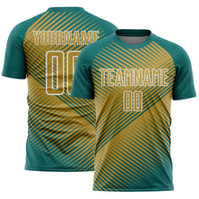 Load image into Gallery viewer, Custom Teal Old Gold-White Line Sublimation Soccer Uniform Jersey

