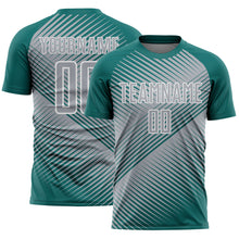 Load image into Gallery viewer, Custom Teal Gray-White Line Sublimation Soccer Uniform Jersey
