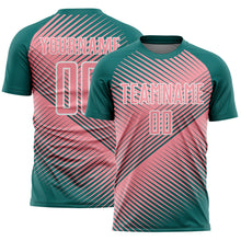 Load image into Gallery viewer, Custom Teal Medium Pink-White Line Sublimation Soccer Uniform Jersey
