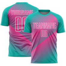 Load image into Gallery viewer, Custom Aqua Pink-White Line Sublimation Soccer Uniform Jersey
