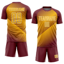 Laden Sie das Bild in den Galerie-Viewer, Custom Burgundy Gold-White Line Sublimation Soccer Uniform Jersey
