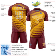 Laden Sie das Bild in den Galerie-Viewer, Custom Burgundy Gold-White Line Sublimation Soccer Uniform Jersey
