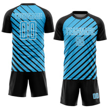 Laden Sie das Bild in den Galerie-Viewer, Custom Black Sky Blue-White Lines Sublimation Soccer Uniform Jersey
