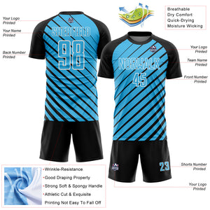 Custom Black Sky Blue-White Lines Sublimation Soccer Uniform Jersey