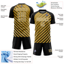 Load image into Gallery viewer, Custom Black Old Gold-White Lines Sublimation Soccer Uniform Jersey
