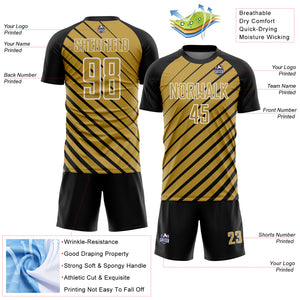 Custom Black Old Gold-White Lines Sublimation Soccer Uniform Jersey