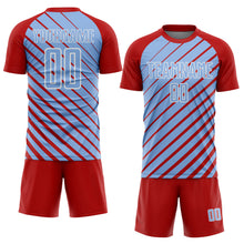 Laden Sie das Bild in den Galerie-Viewer, Custom Red Light Blue-White Lines Sublimation Soccer Uniform Jersey

