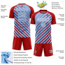 Laden Sie das Bild in den Galerie-Viewer, Custom Red Light Blue-White Lines Sublimation Soccer Uniform Jersey
