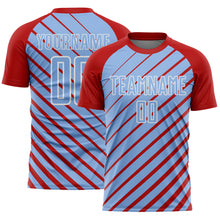 Laden Sie das Bild in den Galerie-Viewer, Custom Red Light Blue-White Lines Sublimation Soccer Uniform Jersey
