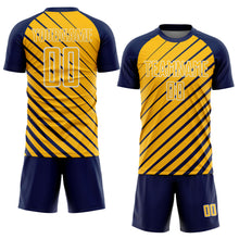 Laden Sie das Bild in den Galerie-Viewer, Custom Navy Gold-White Lines Sublimation Soccer Uniform Jersey
