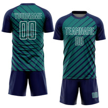 Загрузить изображение в средство просмотра галереи, Custom Navy Teal-White Lines Sublimation Soccer Uniform Jersey

