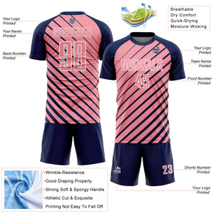 Custom Navy Medium Pink-White Lines Sublimation Soccer Uniform Jersey