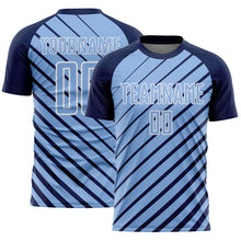 Laden Sie das Bild in den Galerie-Viewer, Custom Navy Light Blue-White Lines Sublimation Soccer Uniform Jersey
