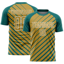 Load image into Gallery viewer, Custom Teal Old Gold-White Lines Sublimation Soccer Uniform Jersey
