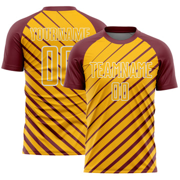 Custom Burgundy Gold-White Lines Sublimation Soccer Uniform Jersey