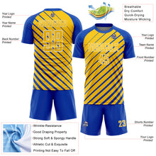 Laden Sie das Bild in den Galerie-Viewer, Custom Thunder Blue Yellow-White Lines Sublimation Soccer Uniform Jersey
