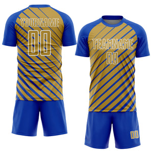 Custom Thunder Blue Old Gold-White Lines Sublimation Soccer Uniform Jersey