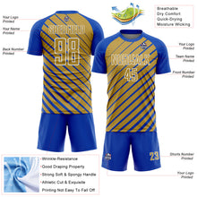 Загрузить изображение в средство просмотра галереи, Custom Thunder Blue Old Gold-White Lines Sublimation Soccer Uniform Jersey

