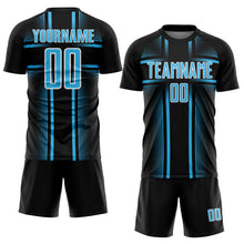 Laden Sie das Bild in den Galerie-Viewer, Custom Black Sky Blue-White Lines Sublimation Soccer Uniform Jersey
