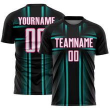 Laden Sie das Bild in den Galerie-Viewer, Custom Black White Aqua-Pink Lines Sublimation Soccer Uniform Jersey

