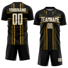 Laden Sie das Bild in den Galerie-Viewer, Custom Black White-Old Gold Lines Sublimation Soccer Uniform Jersey
