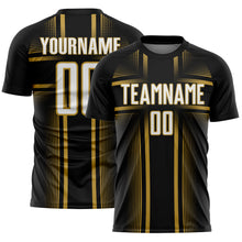 Laden Sie das Bild in den Galerie-Viewer, Custom Black White-Old Gold Lines Sublimation Soccer Uniform Jersey
