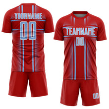 Laden Sie das Bild in den Galerie-Viewer, Custom Red Light Blue-White Lines Sublimation Soccer Uniform Jersey
