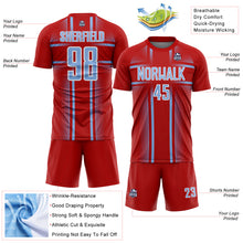 Laden Sie das Bild in den Galerie-Viewer, Custom Red Light Blue-White Lines Sublimation Soccer Uniform Jersey
