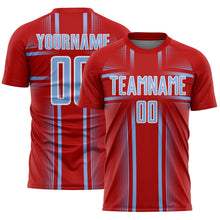 Laden Sie das Bild in den Galerie-Viewer, Custom Red Light Blue-White Lines Sublimation Soccer Uniform Jersey
