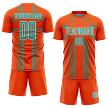 Загрузить изображение в средство просмотра галереи, Custom Orange Aqua-White Lines Sublimation Soccer Uniform Jersey
