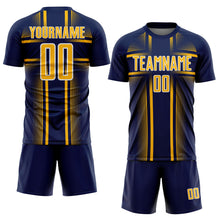 Laden Sie das Bild in den Galerie-Viewer, Custom Navy Gold-White Lines Sublimation Soccer Uniform Jersey
