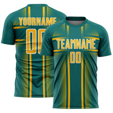 Load image into Gallery viewer, Custom Teal Gold-White Lines Sublimation Soccer Uniform Jersey
