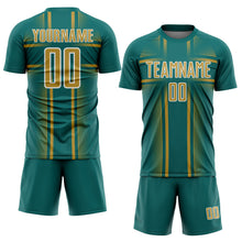 Load image into Gallery viewer, Custom Teal Old Gold-White Lines Sublimation Soccer Uniform Jersey

