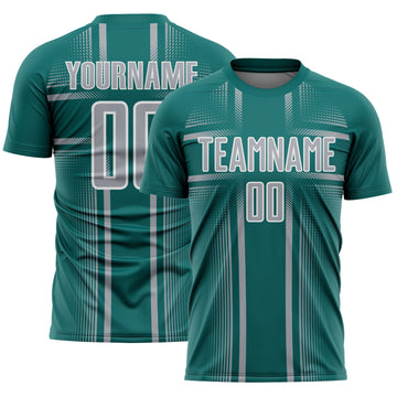 Custom Teal Gray-White Lines Sublimation Soccer Uniform Jersey