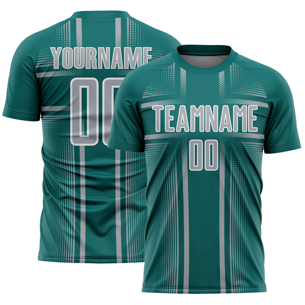 Custom Teal Gray-White Lines Sublimation Soccer Uniform Jersey