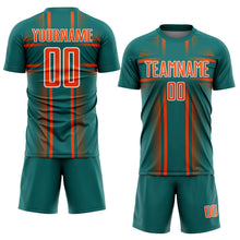 Load image into Gallery viewer, Custom Teal Orange-White Lines Sublimation Soccer Uniform Jersey
