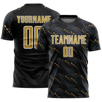 Custom Black Old Gold-White Slant Lines Sports Sublimation Soccer Uniform Jersey